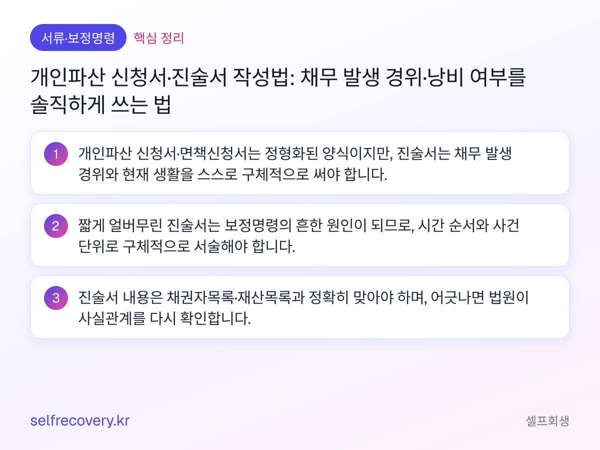 개인파산 신청서·진술서 작성법: 채무 발생 경위·낭비 여부를 솔직하게 쓰는 법 — 핵심 정리: 개인파산 신청서·면책신청서는 정형화된 양식이지만, 진술서는 채무 발생 경위와 현재 생활을 스스로 구체적으로 써야 합니다. 짧게 얼버무린 진술서는 보정명령의 흔한 원인이 되므로, 시간 순서와 사건 단위로 구체적으로 서술해야 합니다. 진술서 내용은 채권자목록·재산목록과 정확히 맞아야 하며, 어긋나면 법원이 사실관계를 다시 확인합니다.