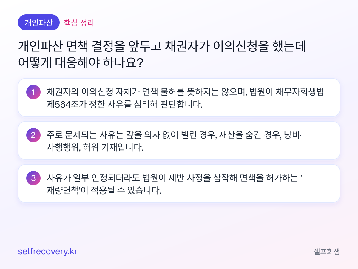 개인파산 면책 결정을 앞두고 채권자가 이의신청을 했는데 어떻게 대응해야 하나요? — 핵심 정리: 채권자의 이의신청 자체가 면책 불허를 뜻하지는 않으며, 법원이 채무자회생법 제564조가 정한 사유를 심리해 판단합니다. 주로 문제되는 사유는 갚을 의사 없이 빌린 경우, 재산을 숨긴 경우, 낭비·사행행위, 허위 기재입니다. 사유가 일부 인정되더라도 법원이 제반 사정을 참작해 면책을 허가하는 '재량면책'이 적용될 수 있습니다.