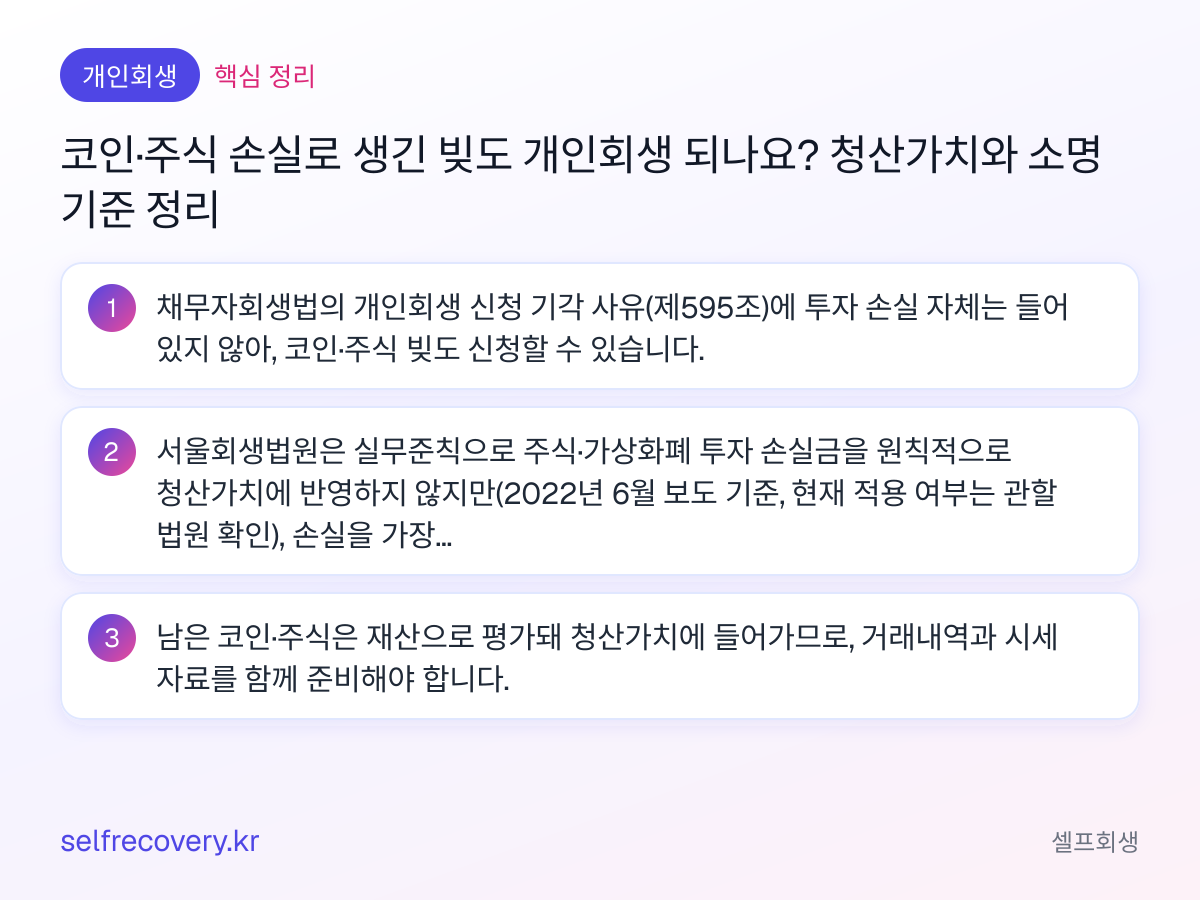 코인·주식 손실로 생긴 빚도 개인회생 되나요? 청산가치와 소명 기준 정리 — 핵심 정리: 채무자회생법의 개인회생 신청 기각 사유(제595조)에 투자 손실 자체는 들어 있지 않아, 코인·주식 빚도 신청할 수 있습니다. 서울회생법원은 실무준칙으로 주식·가상화폐 투자 손실금을 원칙적으로 청산가치에 반영하지 않지만(2022년 6월 보도 기준, 현재 적용 여부는 관할 법원 확인), 손실을 가장한 재산 은닉이 인정되면 예외입니다. 남은 코인·주식은 재산으로 평가돼 청산가치에 들어가므로, 거래내역과 시세 자료를 함께 준비해야 합니다.