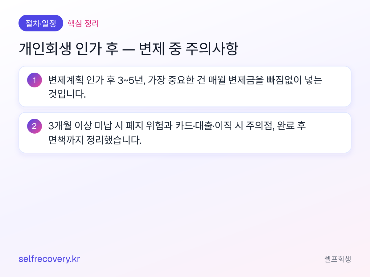 개인회생 인가 후 — 변제 중 주의사항 — 핵심 정리: 변제계획 인가 후 3~5년, 가장 중요한 건 매월 변제금을 빠짐없이 넣는 것입니다. 3개월 이상 미납 시 폐지 위험과 카드·대출·이직 시 주의점, 완료 후 면책까지 정리했습니다.