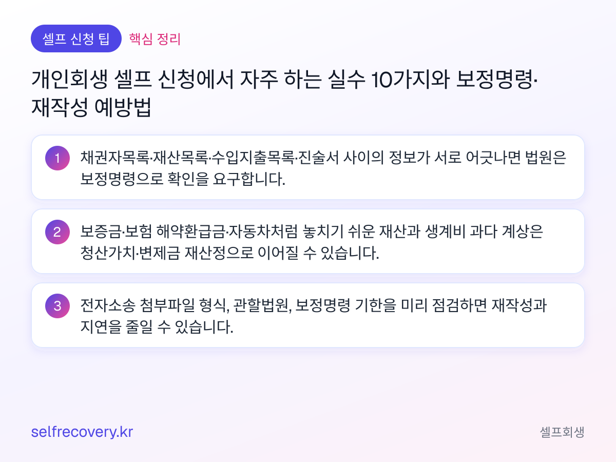 개인회생 셀프 신청에서 자주 하는 실수 10가지와 보정명령·재작성 예방법 — 핵심 정리: 채권자목록·재산목록·수입지출목록·진술서 사이의 정보가 서로 어긋나면 법원은 보정명령으로 확인을 요구합니다. 보증금·보험 해약환급금·자동차처럼 놓치기 쉬운 재산과 생계비 과다 계상은 청산가치·변제금 재산정으로 이어질 수 있습니다. 전자소송 첨부파일 형식, 관할법원, 보정명령 기한을 미리 점검하면 재작성과 지연을 줄일 수 있습니다.