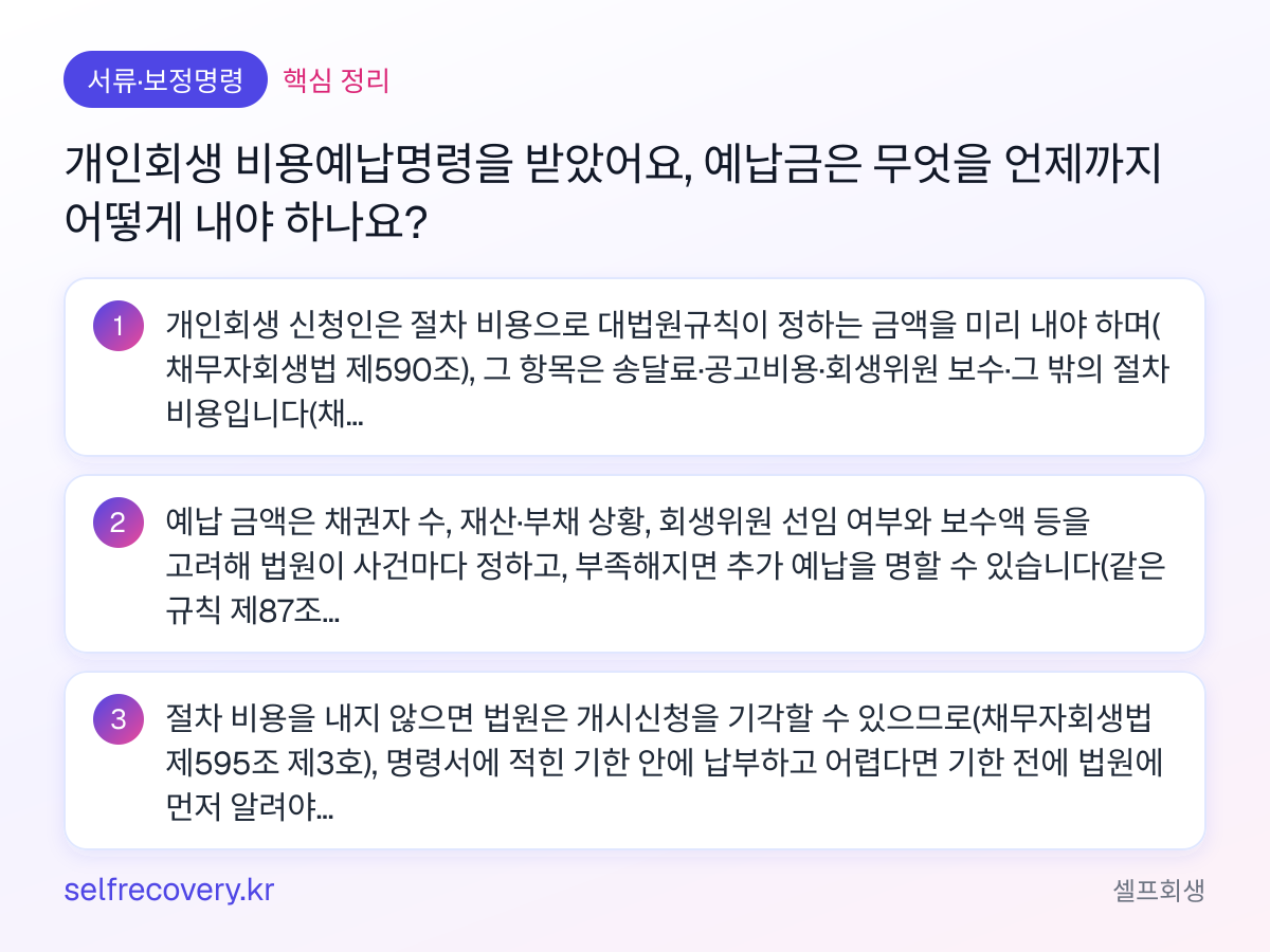 개인회생 비용예납명령을 받았어요, 예납금은 무엇을 언제까지 어떻게 내야 하나요? — 핵심 정리: 개인회생 신청인은 절차 비용으로 대법원규칙이 정하는 금액을 미리 내야 하며(채무자회생법 제590조), 그 항목은 송달료·공고비용·회생위원 보수·그 밖의 절차 비용입니다(채무자회생규칙 제87조 제1항). 예납 금액은 채권자 수, 재산·부채 상황, 회생위원 선임 여부와 보수액 등을 고려해 법원이 사건마다 정하고, 부족해지면 추가 예납을 명할 수 있습니다(같은 규칙 제87조 제2항·제3항). 절차 비용을 내지 않으면 법원은 개시신청을 기각할 수 있으므로(채무자회생법 제595조 제3호), 명령서에 적힌 기한 안에 납부하고 어렵다면 기한 전에 법원에 먼저 알려야 합니다.