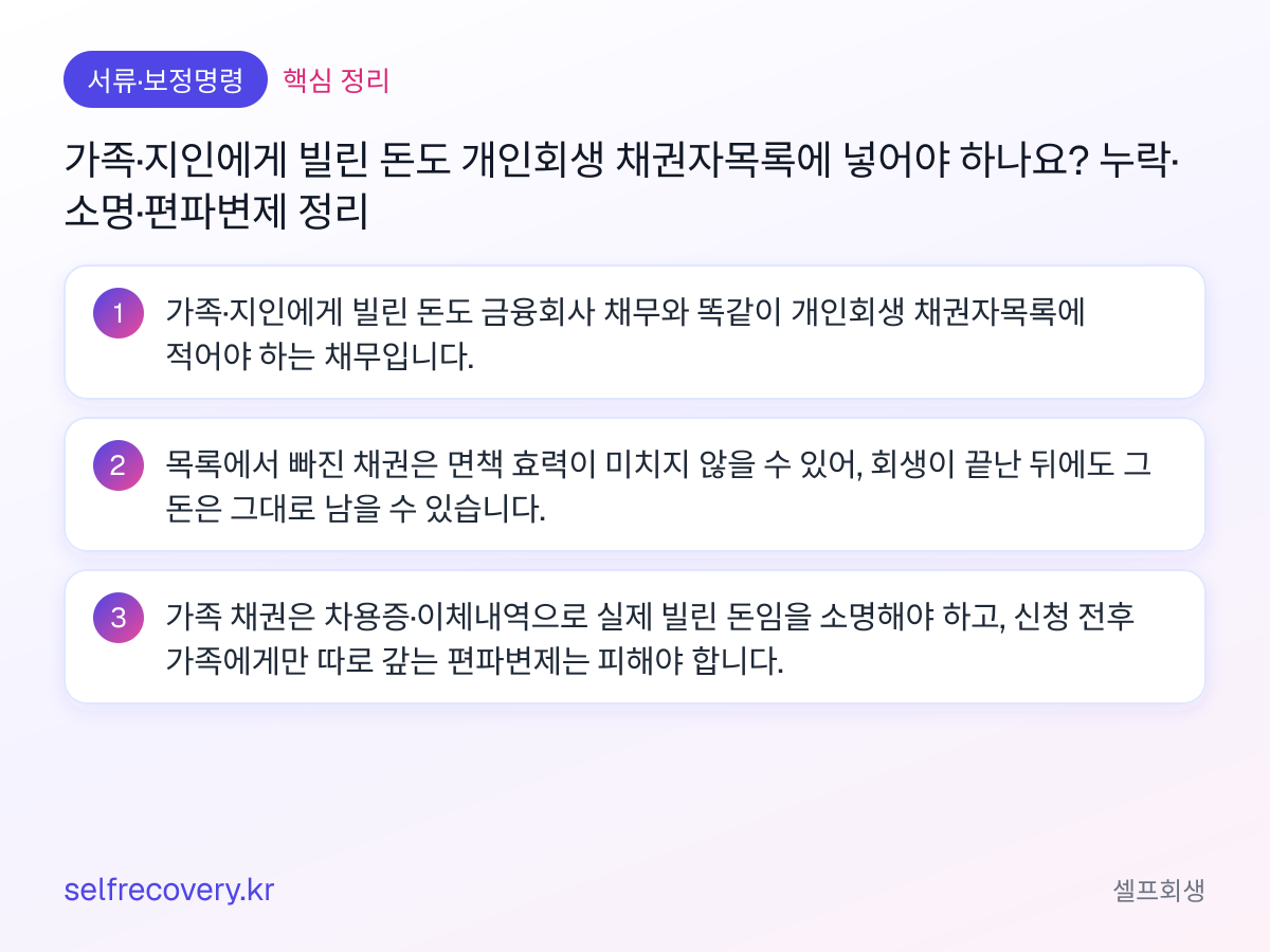 가족·지인에게 빌린 돈도 개인회생 채권자목록에 넣어야 하나요? 누락·소명·편파변제 정리 — 핵심 정리: 가족·지인에게 빌린 돈도 금융회사 채무와 똑같이 개인회생 채권자목록에 적어야 하는 채무입니다. 목록에서 빠진 채권은 면책 효력이 미치지 않을 수 있어, 회생이 끝난 뒤에도 그 돈은 그대로 남을 수 있습니다. 가족 채권은 차용증·이체내역으로 실제 빌린 돈임을 소명해야 하고, 신청 전후 가족에게만 따로 갚는 편파변제는 피해야 합니다.