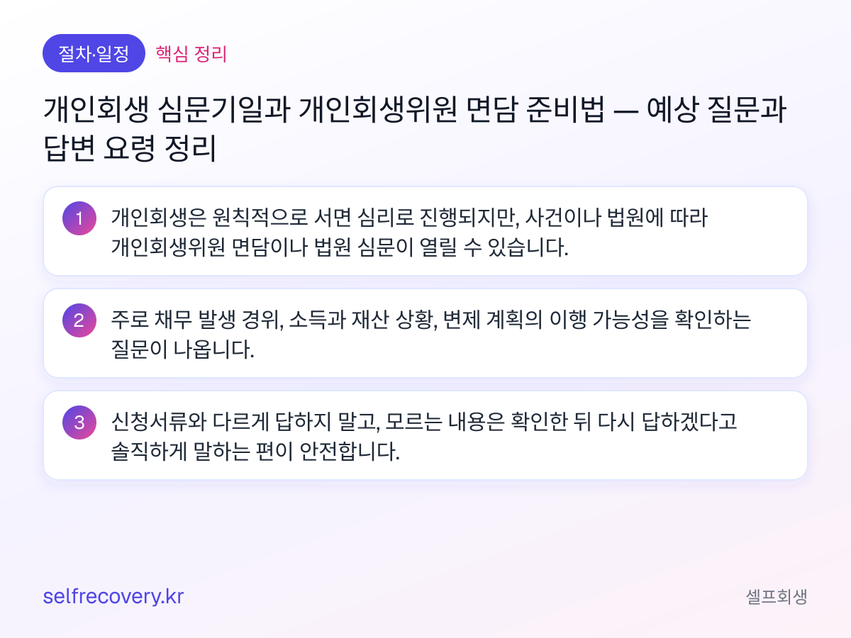 개인회생 심문기일과 개인회생위원 면담 준비법 — 예상 질문과 답변 요령 정리 — 핵심 정리: 개인회생은 원칙적으로 서면 심리로 진행되지만, 사건이나 법원에 따라 개인회생위원 면담이나 법원 심문이 열릴 수 있습니다. 주로 채무 발생 경위, 소득과 재산 상황, 변제 계획의 이행 가능성을 확인하는 질문이 나옵니다. 신청서류와 다르게 답하지 말고, 모르는 내용은 확인한 뒤 다시 답하겠다고 솔직하게 말하는 편이 안전합니다.
