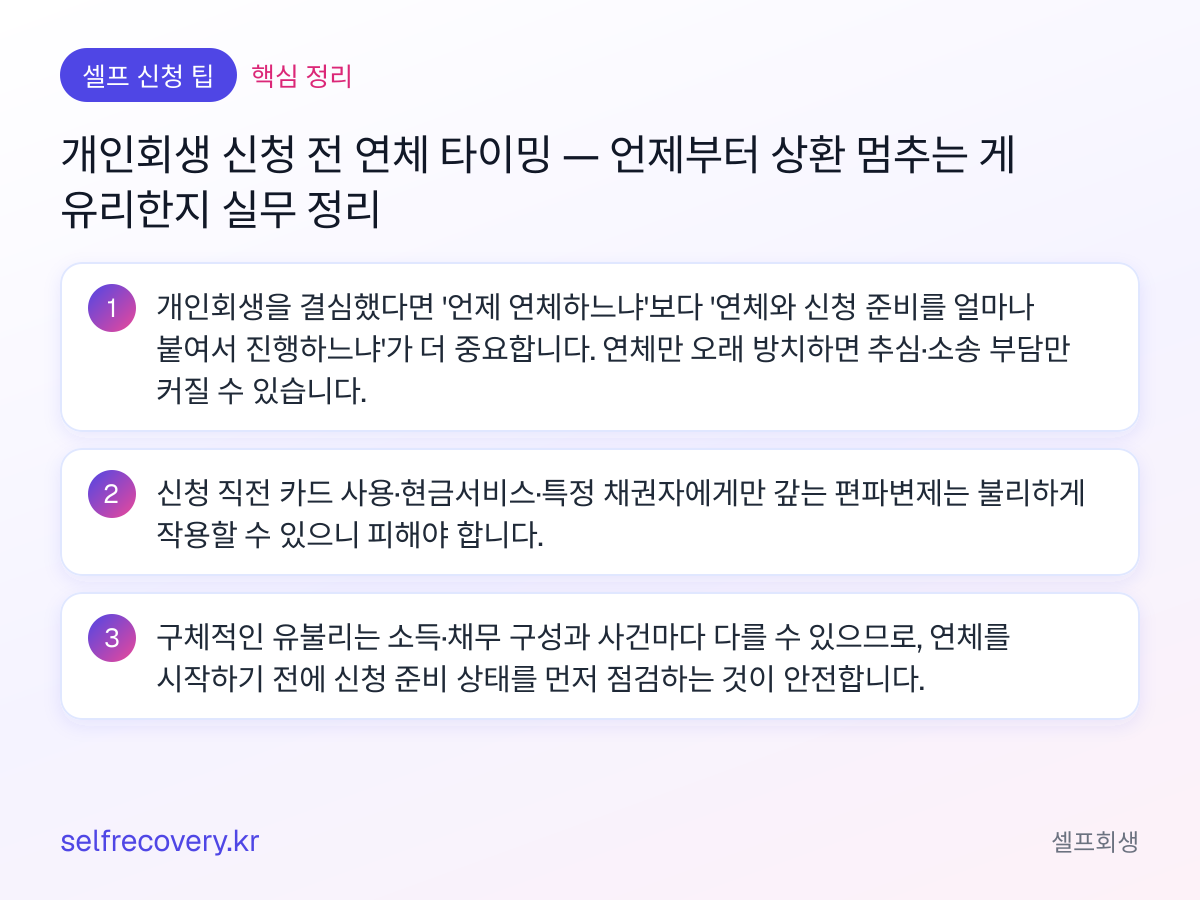 개인회생 신청 전 연체 타이밍 — 언제부터 상환 멈추는 게 유리한지 실무 정리 — 핵심 정리: 개인회생을 결심했다면 '언제 연체하느냐'보다 '연체와 신청 준비를 얼마나 붙여서 진행하느냐'가 더 중요합니다. 연체만 오래 방치하면 추심·소송 부담만 커질 수 있습니다. 신청 직전 카드 사용·현금서비스·특정 채권자에게만 갚는 편파변제는 불리하게 작용할 수 있으니 피해야 합니다. 구체적인 유불리는 소득·채무 구성과 사건마다 다를 수 있으므로, 연체를 시작하기 전에 신청 준비 상태를 먼저 점검하는 것이 안전합니다.