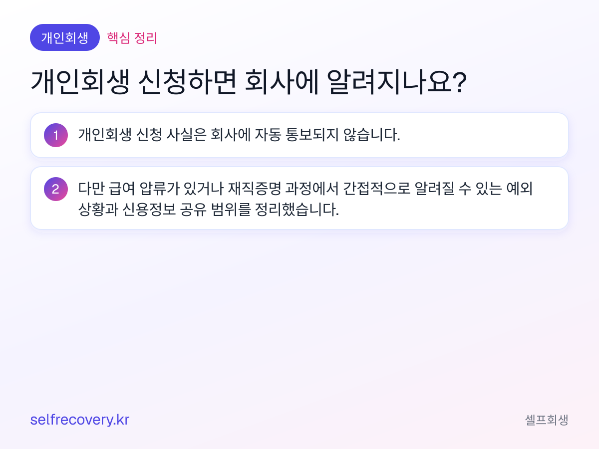 개인회생 신청하면 회사에 알려지나요? — 핵심 정리: 개인회생 신청 사실은 회사에 자동 통보되지 않습니다. 다만 급여 압류가 있거나 재직증명 과정에서 간접적으로 알려질 수 있는 예외 상황과 신용정보 공유 범위를 정리했습니다.